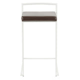 Lumisource Fuji Contemporary Stackable Counter Stool in White with Brown Faux Leather Cushion - Set of 2