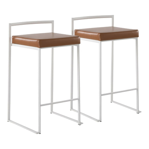 Lumisource Fuji Contemporary Stackable Counter Stool in White with Camel Faux Leather Cushion - Set of 2