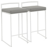 Lumisource Fuji Contemporary Stackable Counter Stool in White with Grey Faux Leather Cushion - Set of 2