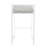 Lumisource Fuji Contemporary Stackable Counter Stool in White with Light Grey Cowboy Fabric Cushion - Set of 2