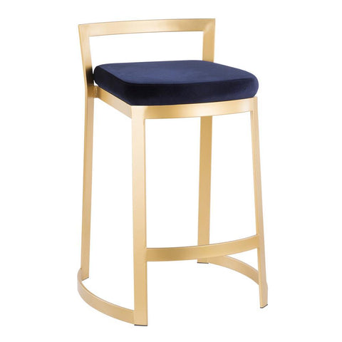 Lumisource Fuji DLX Contemporary/Glam Counter Stool in Gold Metal and Velvet Blue Cushion - Set of 2
