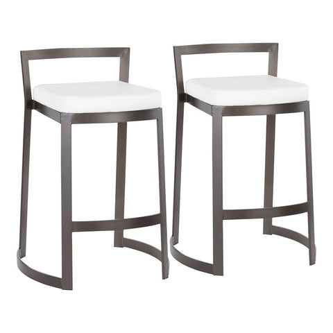Lumisource Fuji DLX Industrial Counter Stool in Antique Metal and White Faux Leather Cushion - Set of 2