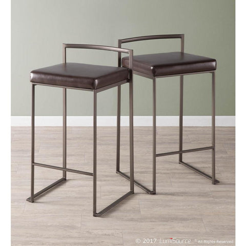 Lumisource Fuji Industrial Stackable Counter Stool in Antique with Brown Faux Leather Cushion - Set of 2