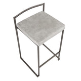 Lumisource Fuji Industrial Stackable Counter Stool in Antique with Light Grey Cowboy Fabric Cushion - Set of 2