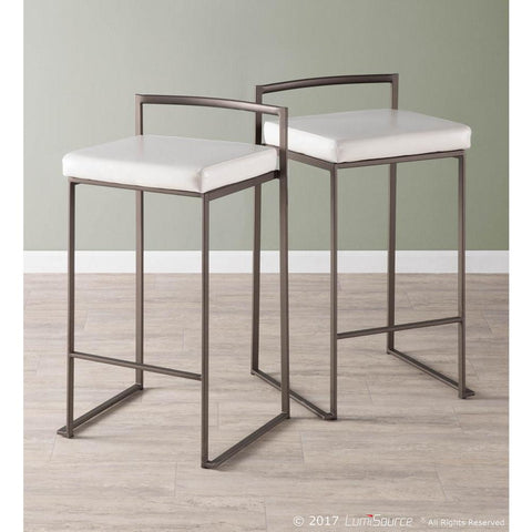Lumisource Fuji Industrial Stackable Counter Stool in Antique with White Faux Leather Cushion - Set of 2