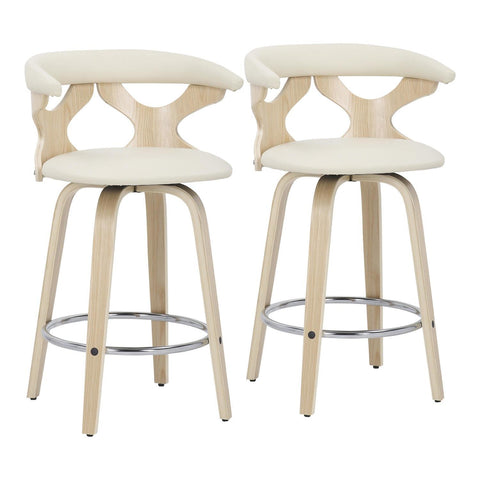 Lumisource Gardenia Mid-Century Modern Counter Stool in Natural Wood and Cream Faux Leather - Set of 2