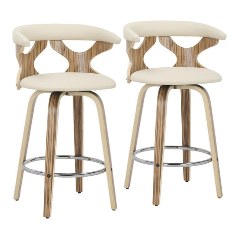 Lumisource Gardenia Mid-Century Modern Counter Stool in Zebra Wood and Cream Faux Leather - Set of 2
