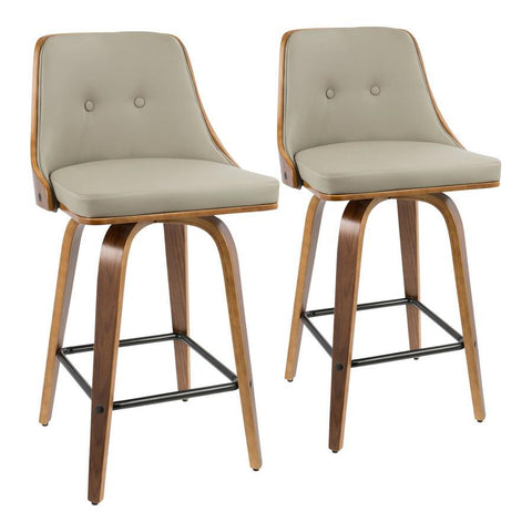 Lumisource Gianna 26" Mid-Century Modern Counter Stool in Walnut with Light Grey Faux Leather - Set of 2