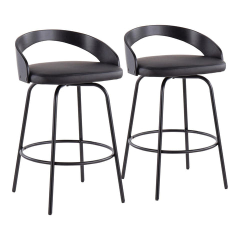 Lumisource Grotto Claire Fixed-Height Counter Stool with Swivel in Black Steel, Black Wood, and Black Faux Leather with Black Footrest - Set of 2