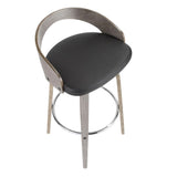 Lumisource Grotto Mid-Century Modern Barstool with Light Grey Wood and Black Faux Leather