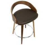 Lumisource Grotto Mid-Century Modern Counter Stool with Swivel in Walnut with Brown Faux Leather