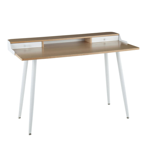 Lumisource Harvey Contemporary Desk in White Steel and Natural and White Wood with White Accents