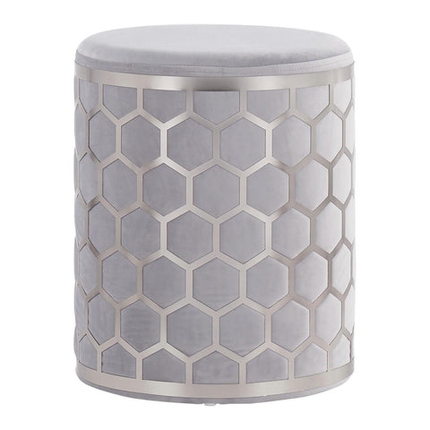 Lumisource Honeycomb Contemporary/Glam Ottoman in Chrome and Silver Velvet