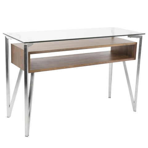 Lumisource Hover Contemporary Console Table with Brushed Stainless Steel Frame, Walnut Wood Shelf, and Clear Glass Top