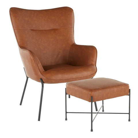 Lumisource Izzy Industrial Lounge Chair and Ottoman Set in Black Metal and Camel Faux Leather