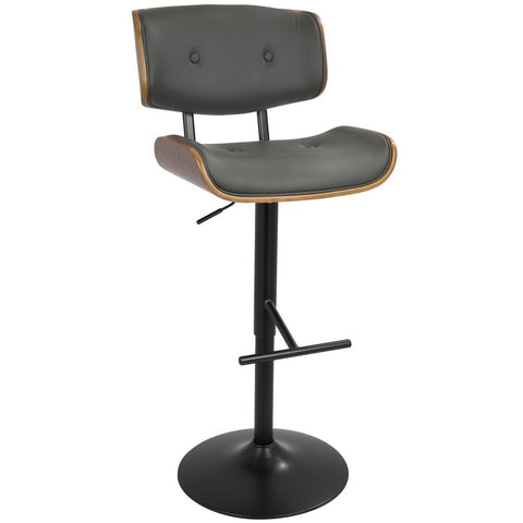 Lumisource Lombardi Mid-Century Modern Adjustable Barstool in Walnut with Grey Faux Leather