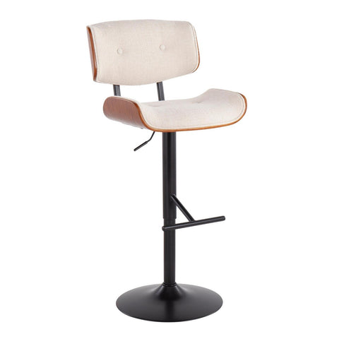 Lumisource Lombardi Mid-Century Modern Barstool in Black Metal and Cream Noise Fabric with Walnut Wood Accent