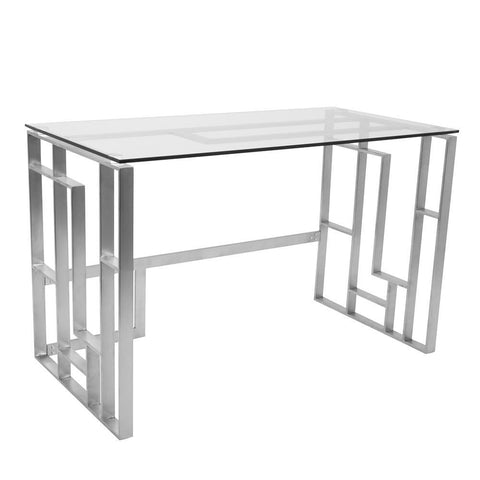 Lumisource Mandarin Contemporary Desk in Brushed Stainless Steel and Clear Glass