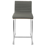 Lumisource Mara 26" Contemporary Counter Stool in Brushed Stainless Steel, Walnut Wood, and Grey Faux Leather - Set of 2