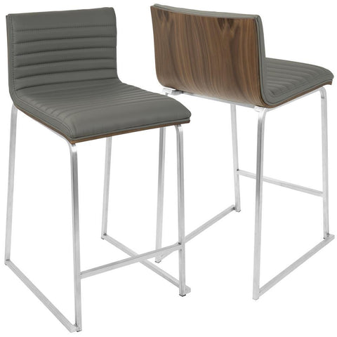 Lumisource Mara 26" Contemporary Counter Stool in Brushed Stainless Steel, Walnut Wood, and Grey Faux Leather - Set of 2