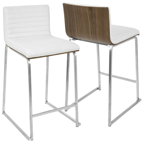 Lumisource Mara 26" Contemporary Counter Stool in Brushed Stainless Steel, Walnut Wood, and White Faux Leather - Set of 2