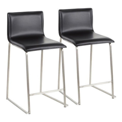 Lumisource Mara 26" Contemporary Counter Stool in Brushed Stainless Steel, and Black Faux Leather - Set of 2