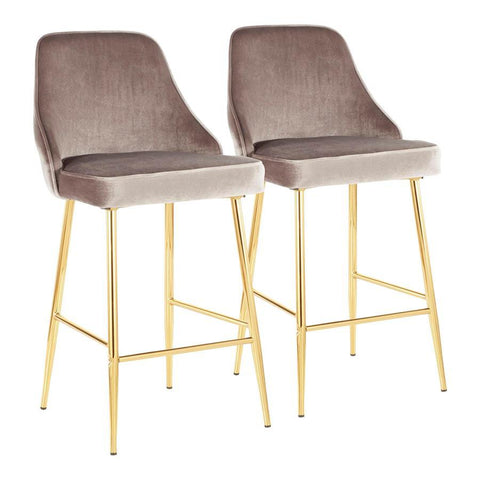 Lumisource Marcel Contemporary/Glam Counter Stool in Gold Metal and Silver Velvet - Set of 2