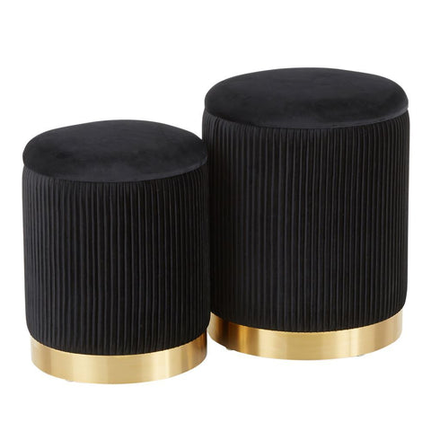 Lumisource Marla Contemporary Nesting Pleated Ottoman Set in Gold Metal and Black Velvet