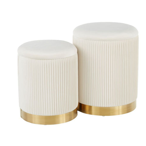 Lumisource Marla Contemporary Nesting Pleated Ottoman Set in Gold Metal and Cream Velvet
