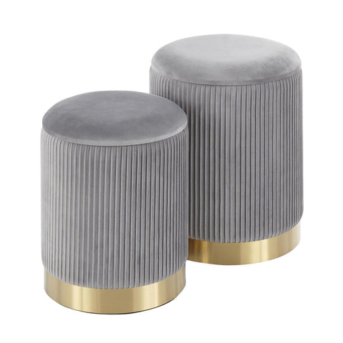 Lumisource Marla Contemporary Nesting Pleated Ottoman Set in Gold Metal and Grey Velvet