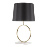 Lumisource Moon Contemporary Table Lamp in White Marble, Gold Metal and Black Fabric Shade