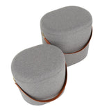 Lumisource Nesting Oval Strap Contemporary Ottoman in Grey Fabric with Brown Faux Leather Strap