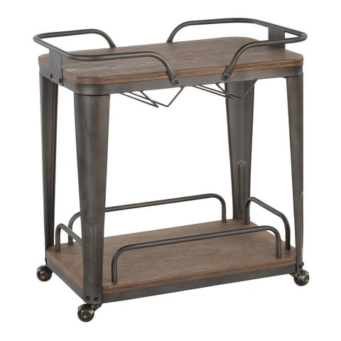Lumisource Oregon Industrial Bar Cart in Antique Metal and Espresso Wood-Pressed Grain Bamboo