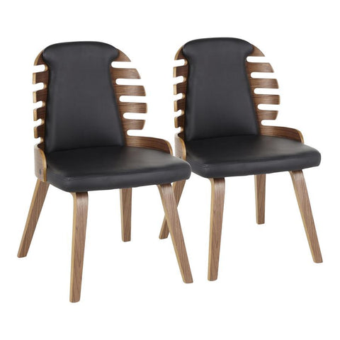 Lumisource Palm Mid-Century Modern Dining Chair in Walnut Wood and Black Faux Leather - Set of 2