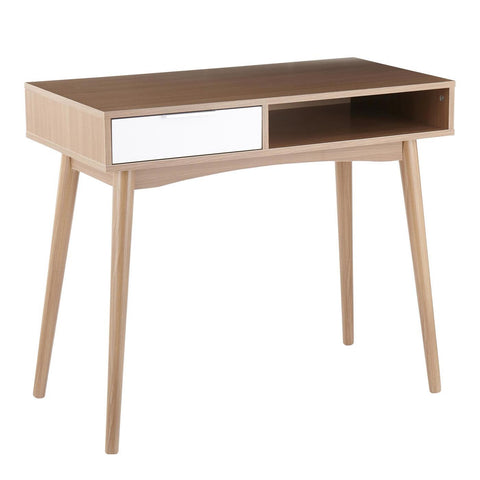 Lumisource Pebble Contemporary Desk in Natural Wood with White Wood Drawer