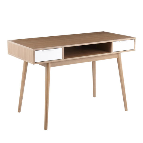 Lumisource Pebble Contemporary Double Desk in Natural Wood with White Wood Drawers