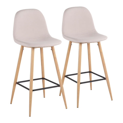 Lumisource Pebble Mid-Century Modern Barstool in Natural Metal and Beige Fabric - Set of 2