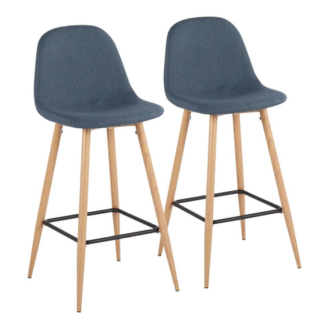 Lumisource Pebble Mid-Century Modern Barstool in Natural Metal and Blue Fabric - Set of 2