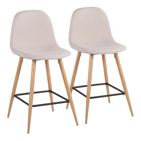 Lumisource Pebble Mid-Century Modern Counter Stool in Natural Metal and Beige Fabric - Set of 2