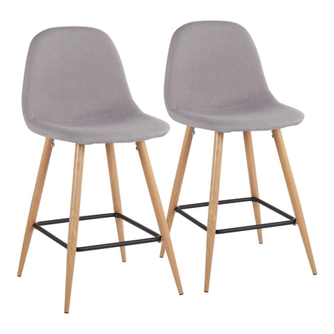 Lumisource Pebble Mid-Century Modern Counter Stool in Natural Metal and Light Grey Fabric - Set of 2