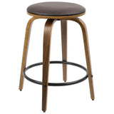 Lumisource Porto Mid-Century Modern Counter Stool in Walnut and Brown Faux Leather with Black Footrest - Set of 2