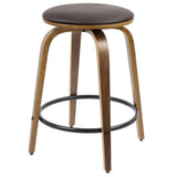 Lumisource Porto Mid-Century Modern Counter Stool in Walnut and Brown Faux Leather with Black Footrest - Set of 2
