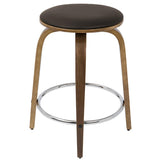 Lumisource Porto Mid-Century Modern Counter Stool in Walnut and Brown Faux Leather with Chrome Footrest - Set of 2