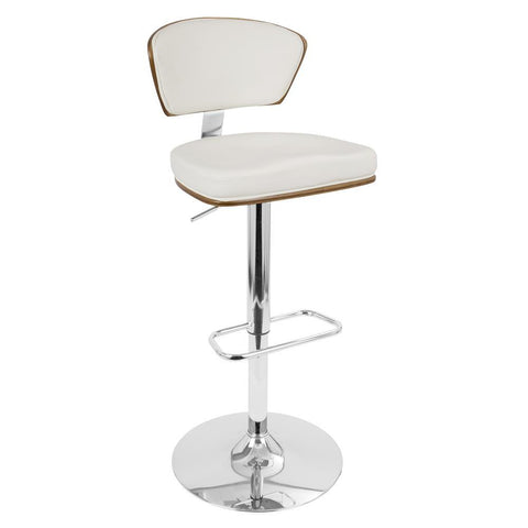 Lumisource Ravinia Mid-Century Modern Adjustable Barstool with Swivel in Walnut and White Faux Leather