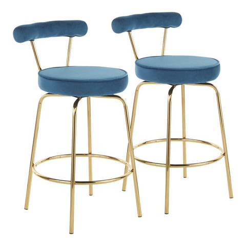 Lumisource Rhonda Glam Counter Stool in Gold Metal and Blue Velvet - Set of 2