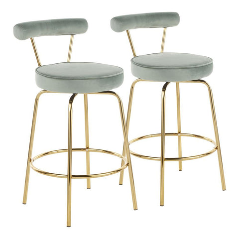 Lumisource Rhonda Glam Counter Stool in Gold Metal and Sage Green Velvet - Set of 2