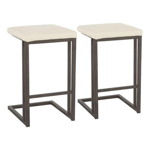 Lumisource Roman Industrial Counter Stool in Antique Metal and Cream Faux Leather - Set of 2