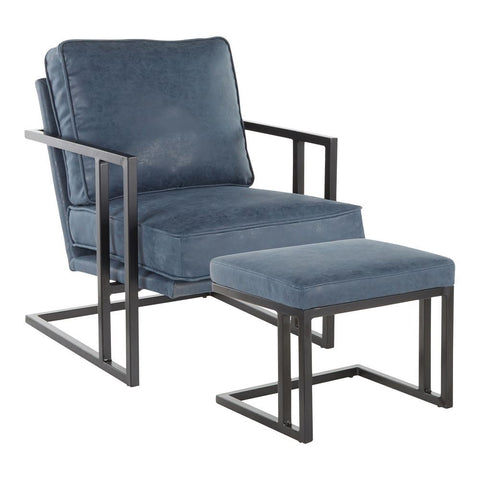 Lumisource Roman Industrial Lounge Chair and Ottoman in Black Metal and Blue Faux Leather
