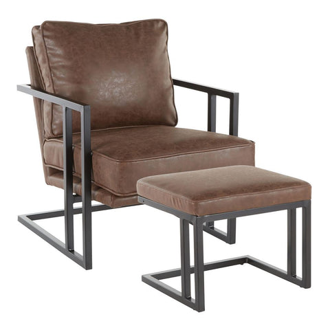 Lumisource Roman Industrial Lounge Chair and Ottoman in Black Metal and Espresso Faux Leather