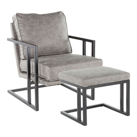 Lumisource Roman Industrial Lounge Chair and Ottoman in Black Metal and Grey Faux Leather